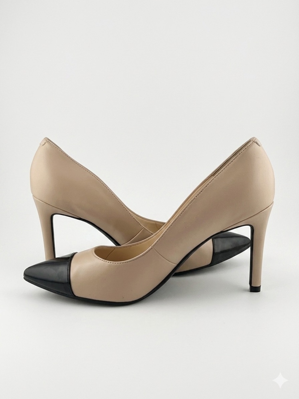 Two-Tone Pointed Toe Stiletto Pumps - Beige and Black